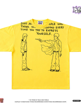 远离抬杠怪~美式小众复古短袖T恤男女情侣款宽松纯棉上衣夏季潮