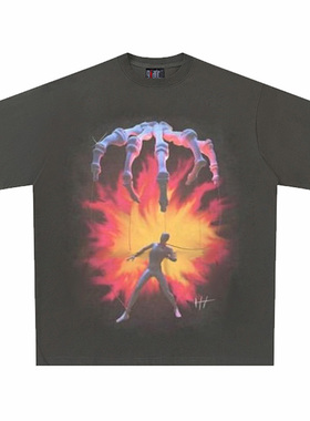 Skeleton hand puppet 美式抽象短袖木偶印花男潮牌高街复古T恤