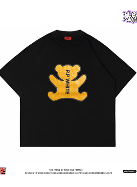 美式小众复古黄色小熊女印花黑短袖 P.P.WHITE 潮牌宽松落肩T恤潮