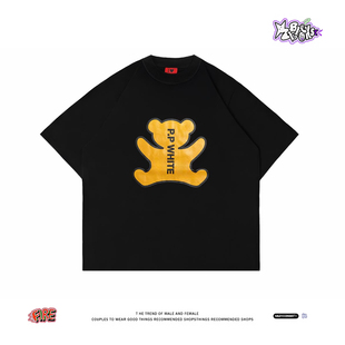 潮牌宽松落肩T恤潮 P.P.WHITE 美式 小众复古黄色小熊女印花黑短袖