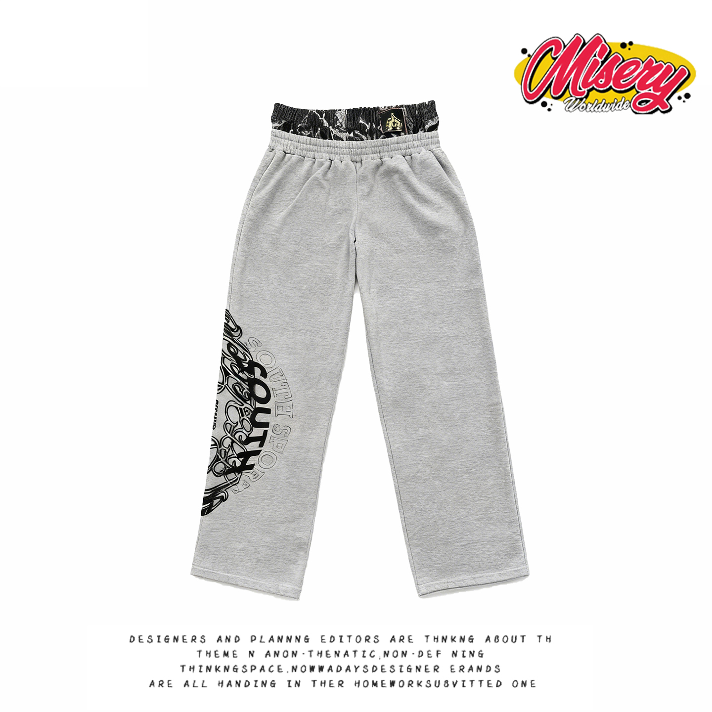 y2k hoodie~高街风假两件卫裤男女宽松直筒长裤灰色潮牌休闲裤