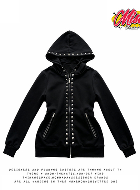 y2k hoodie美式小众复古铆钉连帽卫衣女黑色宽松拉链街头潮流外套