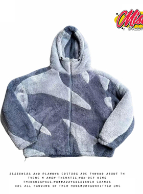 y2k hoodie~美式街头羊羔绒连帽卫衣男女拼接撞色保暖拉链外套