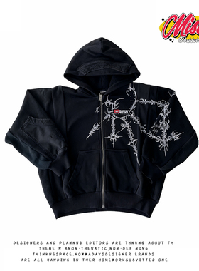 y2k hoodie~美式嘻哈风骷髅蝴蝶黑色连帽拉链卫衣女宽松街头外套