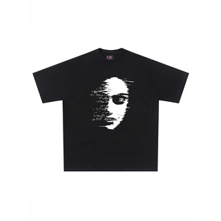 上衣 t恤女oversize高街半袖 28blocks潮牌美式 复古模糊人脸短袖