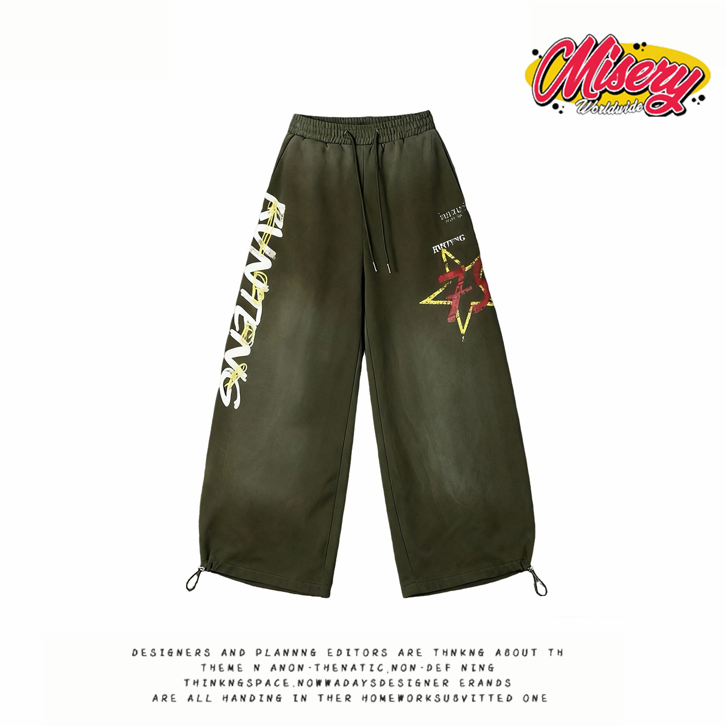 y2k hoodie美式街头星星字母印花卫裤女宽松军绿色高街风阔腿长裤