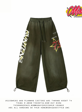 y2k hoodie美式街头星星字母印花卫裤女宽松军绿色高街风阔腿长裤