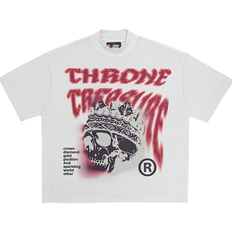THRONE TRFASIIRE 美式炸街骷髅王座印花潮牌男女同款宽松短袖t恤