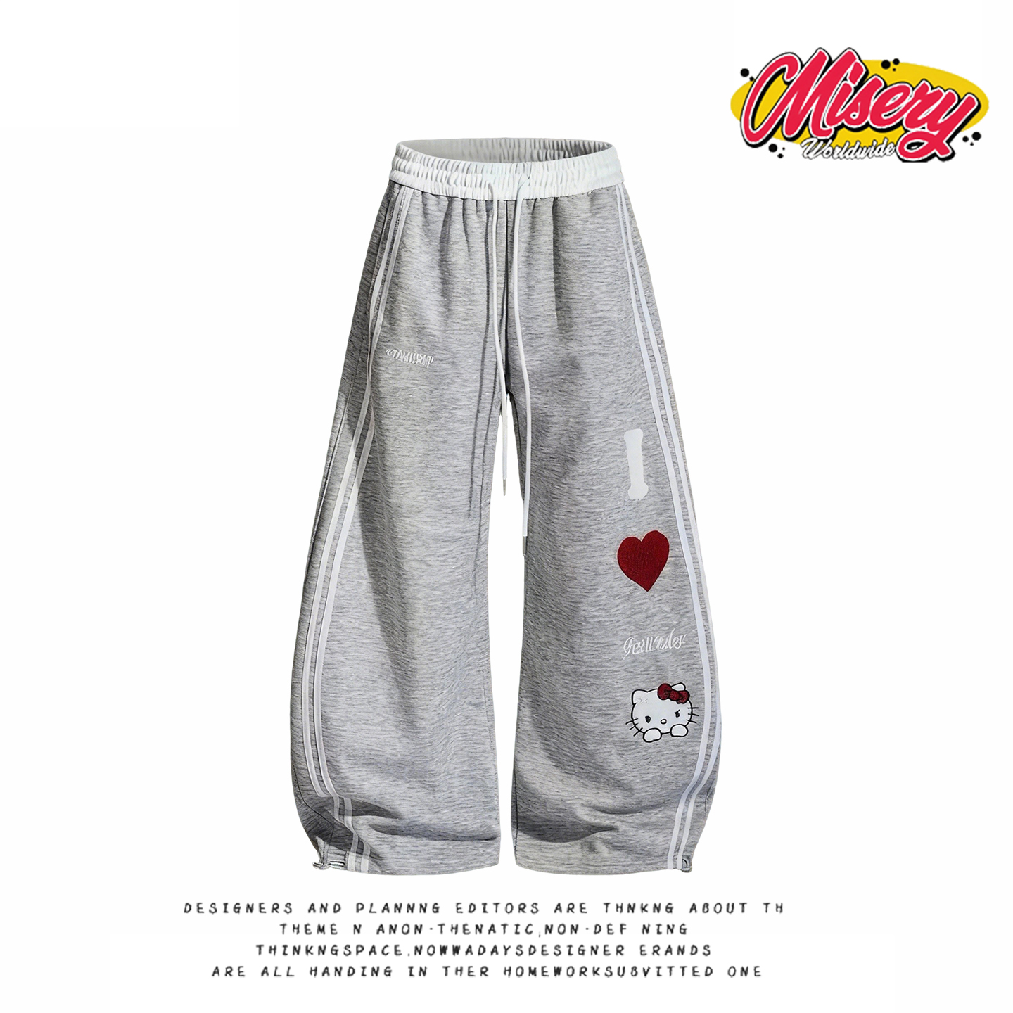 y2k hoodie~美式复古条纹卡通印花卫裤女宽松直筒阔腿长裤藏青色