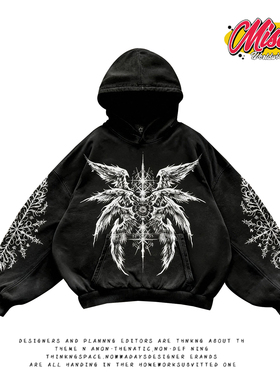 y2k hoodie~美式街头风卫衣男女连帽套头衫黑色复古潮流时尚外套