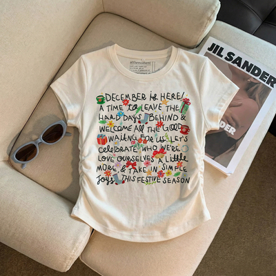 温柔治愈系December节日手绘涂鸦T恤夏季修身抽绳百搭短袖上衣女