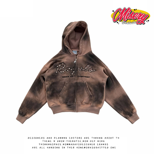 宽松拉链外套潮 街头做旧字母印花连帽卫衣男女同款 y2k hoodie美式