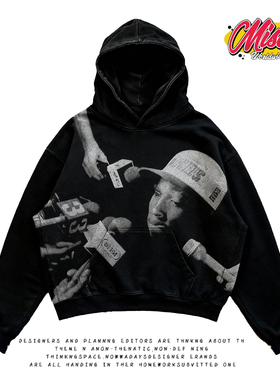 streetwear hoodies美式高街风黑色印花连帽卫衣男女宽松潮流外套