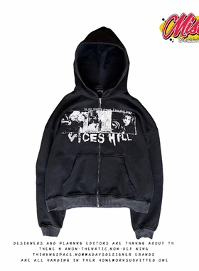 y2k hoodie美式街头连帽卫衣女黑色字母印花拉链开衫宽松长袖外套