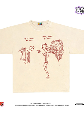 摆烂天使互怼~原创美式小众短袖T恤男女情侣款宽松纯棉上衣夏季潮