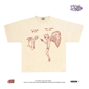 宽松纯棉上衣夏季 摆烂天使互怼 T恤男女情侣款 小众短袖 潮 原创美式