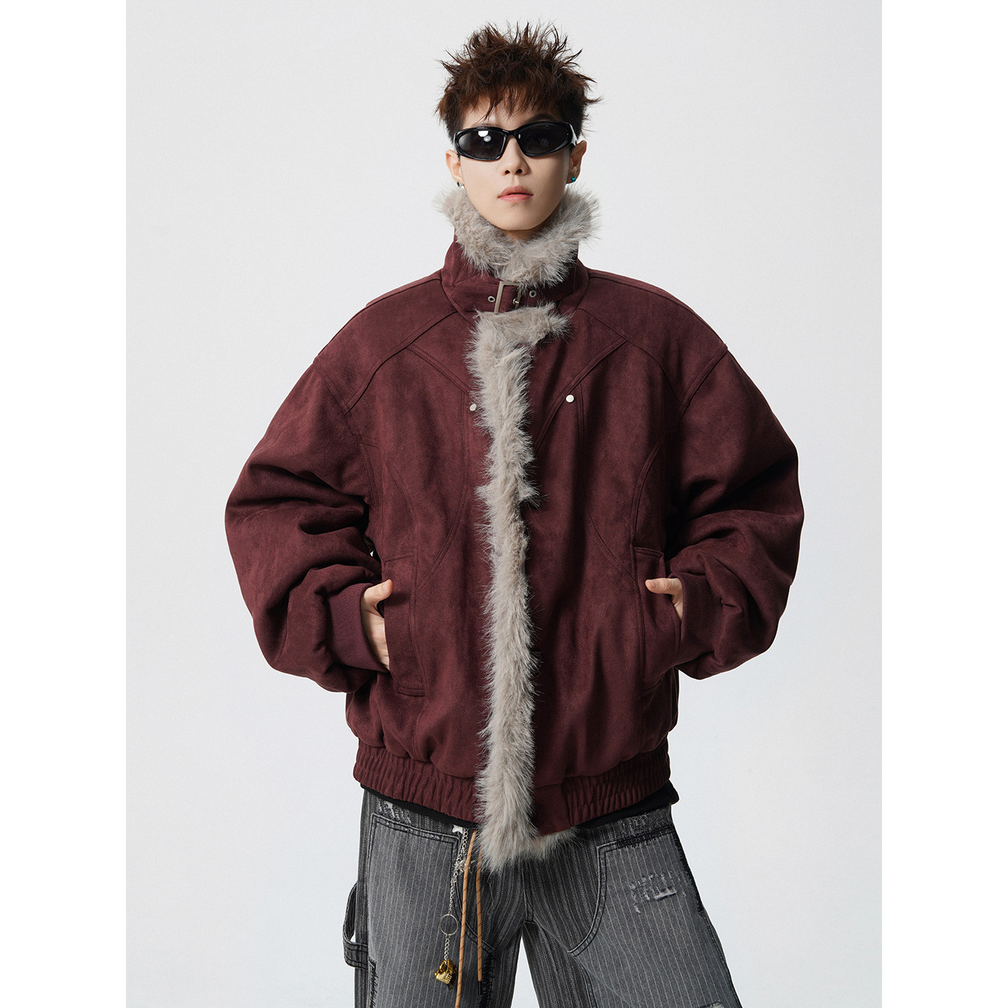 酒红色现货长毛绒棉服棉衣外套618-MF362-P130控218,男装棉衣,星座618