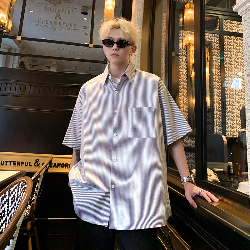 日系复古条纹衬衫男短袖夏季薄款少年感衬衣潮牌休闲宽松半袖寸衫,男装T恤,星座618