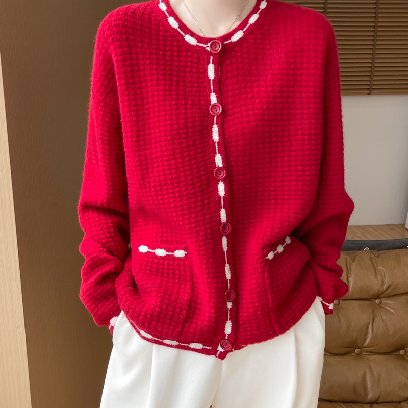 清2025秋冬百搭时尚简约圆领纽扣1开衫100纯羊毛衫