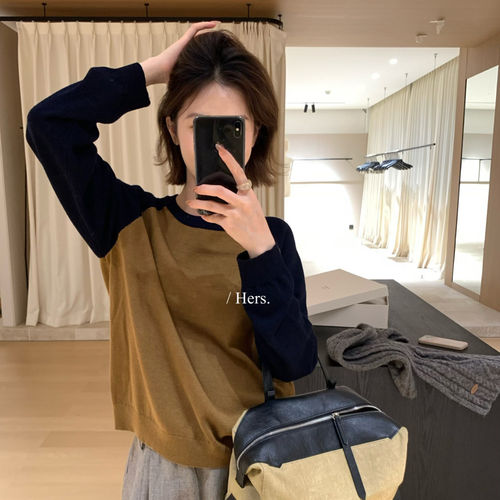 hers 一勺甜秋冬韩系复古撞色长袖T恤女圆领套头休闲上衣62066