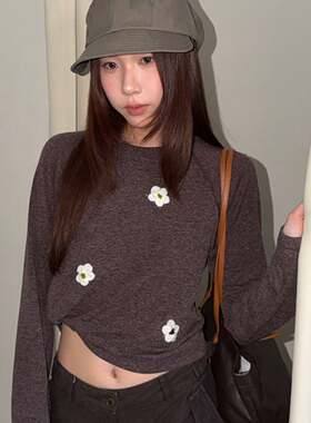 WIDELIA秋冬新款设计感立体花朵长袖T恤女百搭宽松休闲上衣9087