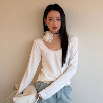 waitmore 春季韩系蕾丝拼接U领华夫格T恤甜美风减龄长袖上衣5006