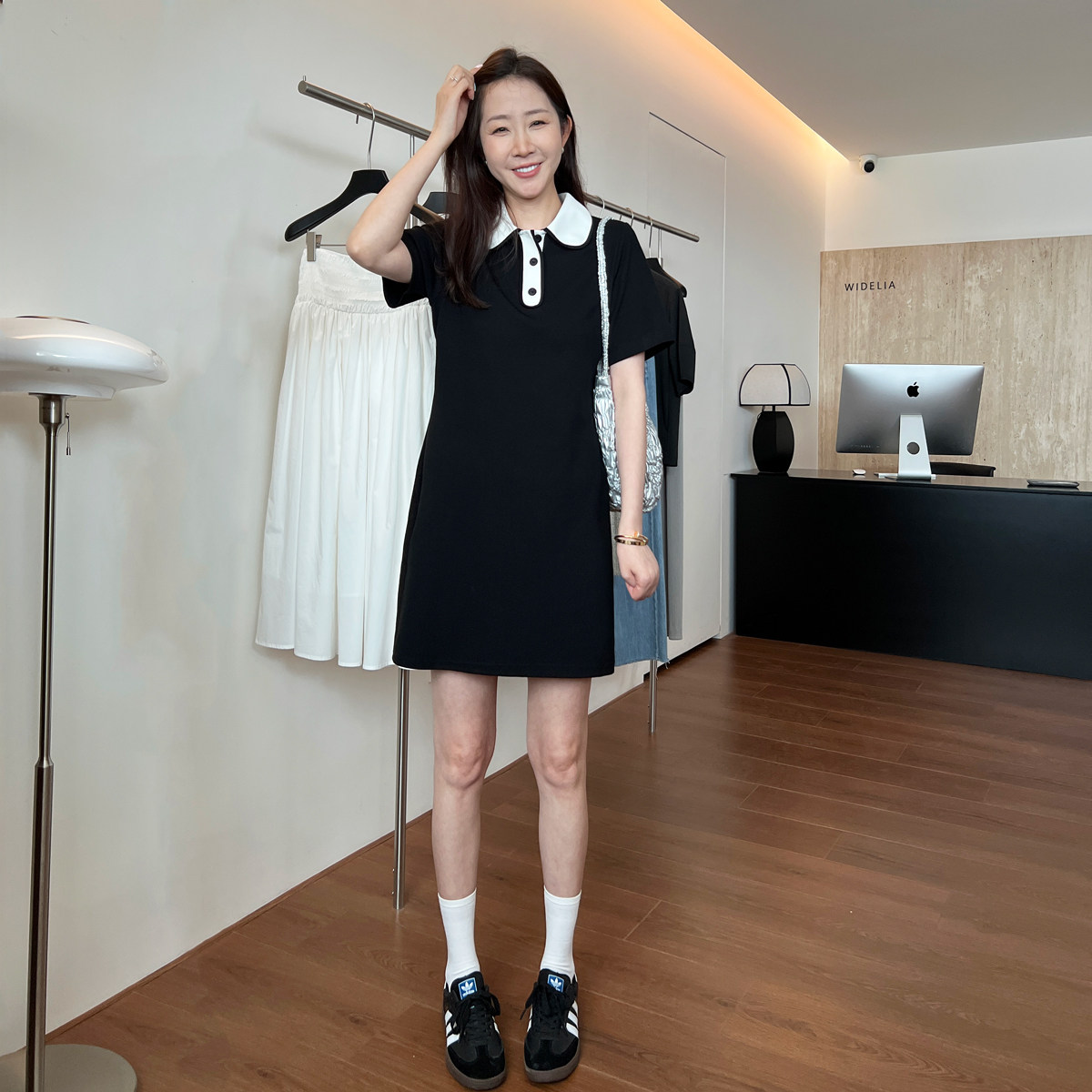widelia十三行老板娘夏季新款韩版POLO领连衣裙中长款连衣裙7327