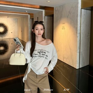 Kapok早秋韩系大圆领英文字母长袖T恤下摆绑带休闲上衣61009