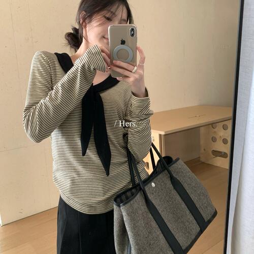 hers 一勺甜秋冬韩系ins风系带撞色条纹衫休闲减龄长袖上衣62029
