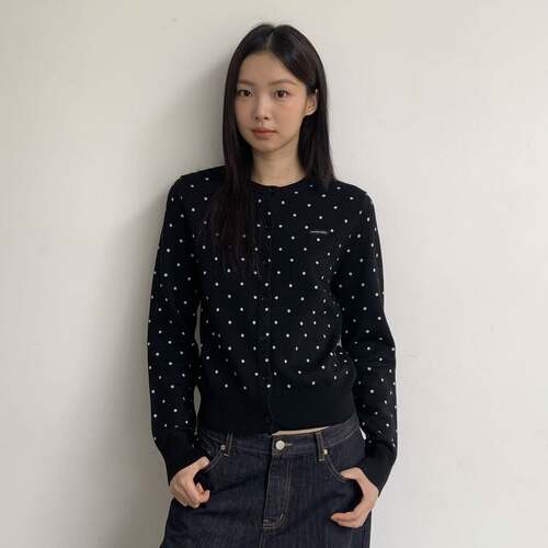 WAIT MORE 秋季韩系复古黑色波点毛衣女含羊毛长袖针织开衫05826