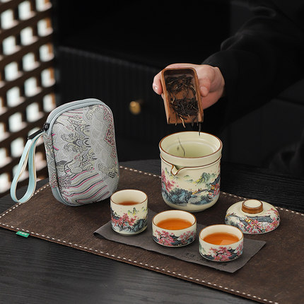 汝窑便携式旅行茶具套装一壶三杯陶瓷功夫茶具户外泡茶器茶水分离