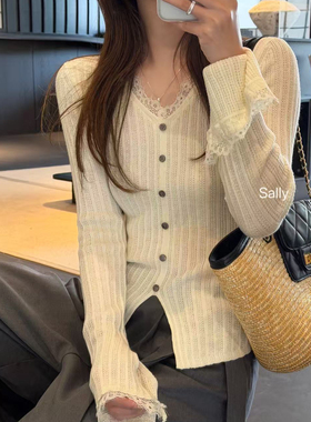 SARA-春季新款女装通勤百搭蕾丝拼接针织上衣针织衫女(含6羊毛)