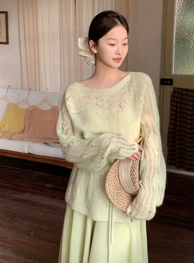 wens 春季新款毛衣女通勤百搭手工贝壳上衣保暖毛衣(配腰绳)