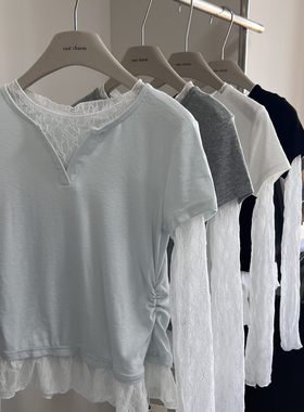 alo-26年早春新款女装假两件蕾丝宽松独特设计感漂亮长袖T恤