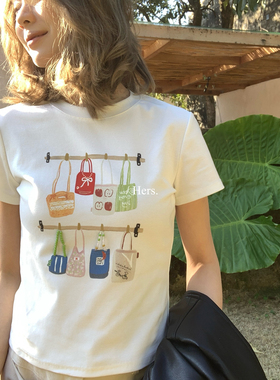 Hers-26年早春简约日常设计感串珠购物袋图案短袖T恤女