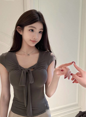 SAVAGE-小女人百搭纯色U领拼接系带蝴蝶结修身显瘦短袖T恤女