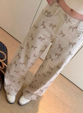 SAVAGE-百搭高腰重工艺水洗小马提花宽松阔腿直筒牛仔裤女