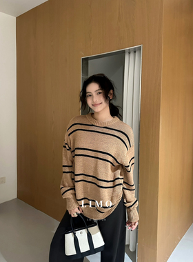 LIMO-秋季新款女装条纹控必入宽松套头毛衣针织衫