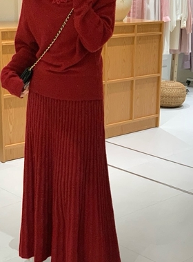 wens sunshine氛围感针织大摆压褶百搭松紧腰半身裙（含6%羊毛）