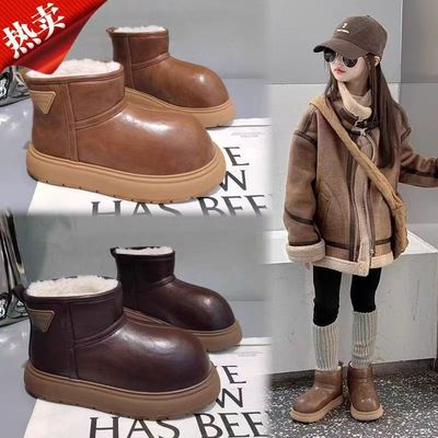 儿童皮面防水亲子雪地靴男童女童保暖加绒加厚大棉鞋厚底2025冬季
