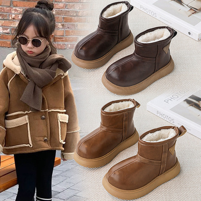 儿童皮面防水亲子雪地靴男童女童保暖加绒加厚大棉鞋厚底2025冬季