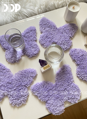 DDP手工簇绒紫色蝴蝶家用商用杯垫隔热桌垫辣妹Y2K生日防水多巴胺