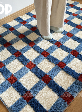 DDP原创中古包豪斯复古韩式海蓝格纹博主卧室客厅衣帽间簇绒地毯