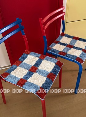 DDP中古包豪斯复古韩式海蓝格纹簇绒坐垫卧室餐椅商用