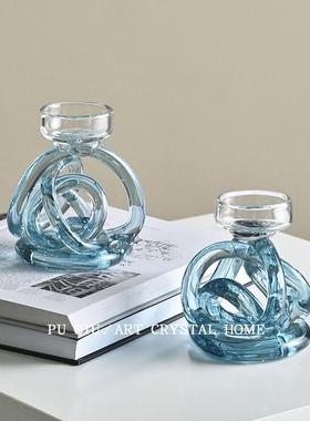 软装琉璃卷绕蓝色玻璃书房小烛台新中式镀金书桌新居礼物样板房