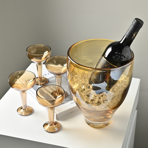 琥珀色玻璃高脚杯香槟杯冰桶酒具套装样板间茶几桌面装饰酒桶摆件