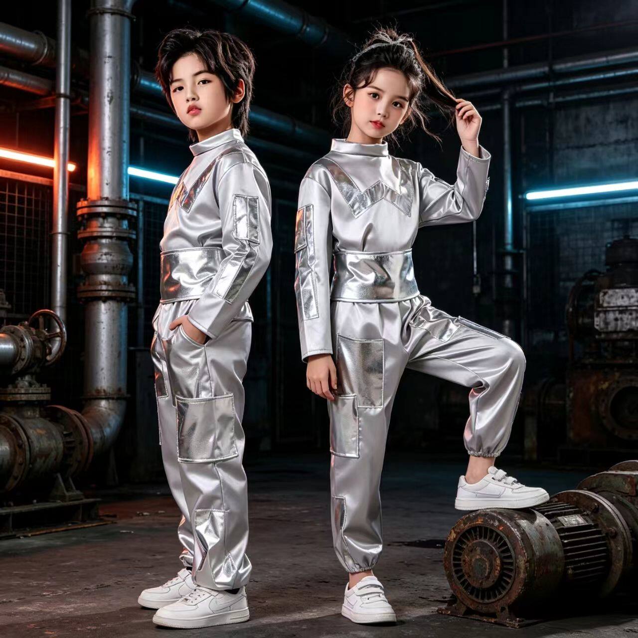 儿童未来科技感演出服太空机器人舞蹈表演服装银色套装图片