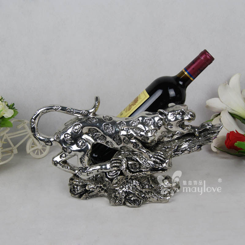 双龙树欧式贴银箔树脂工艺招财金钱豹子红酒架摆件家居酒柜装饰新