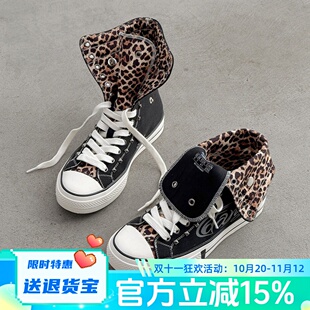 沙发与猫秋冬1970S豹纹黑色帆布鞋小众复古高帮板鞋Y2K男女款潮鞋