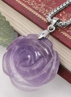 手工雕刻玫瑰花天然水晶石吊坠跨境工艺品玫瑰花水晶项链吊坠